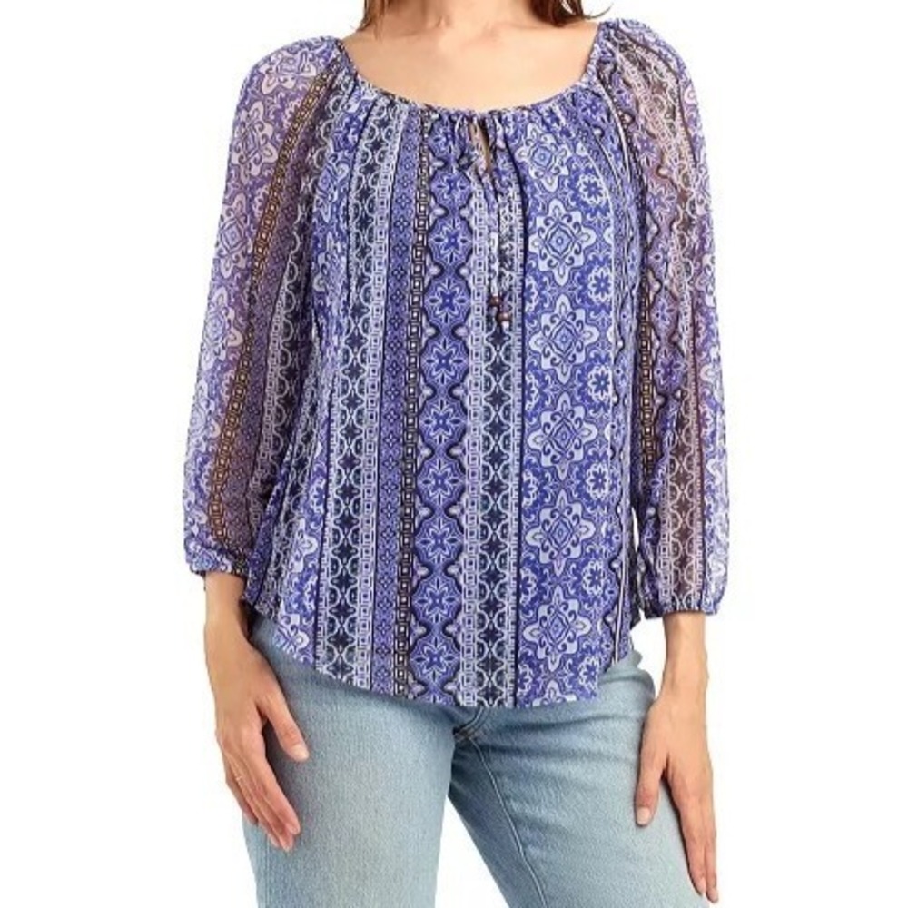 NWT BCX PRINT MESH SCOOP NECK PEASANT TOP boat neck womans XL - Picture 1 of 10